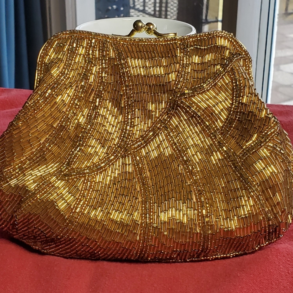 Gold Beaded Evening Clutch Cache golden beads